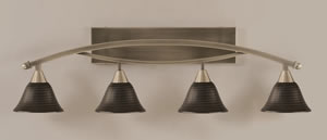 Bow 4 Light Bath Bar Shown In Brushed Nickel Finish with 7" Charcoal Spiral Glass