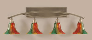 Bow 4 Light Bath Bar Shown In Brushed Nickel Finish with 8" Mardi Gras Glass
