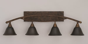 Bow 4 Light Bath Bar Shown In Bronze Finish with 7" Charcoal Spiral Glass