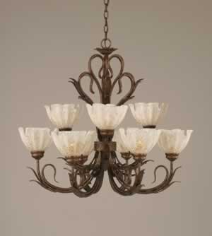 Swan 9 Light Chandelier Shown In Bronze Finish With 7" Gold Ice Glass