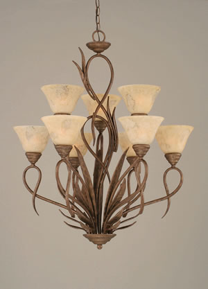 Leaf 9 Light Chandelier Shown In Bronze Finish With 7" Italian Marble Glass