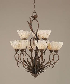 Leaf 9 Light Chandelier Shown In Bronze Finish With 7" Gold Ice Glass