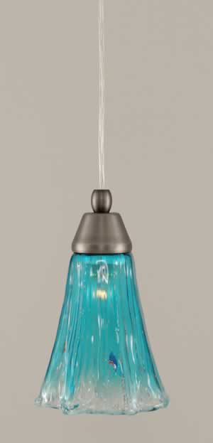 Cord Mini Pendant Shown In Brushed Nickel Finish With 5.5" Teal Crystal Glass