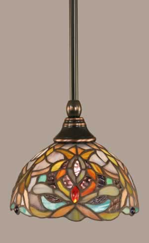 Stem Mini Pendant With Hang Straight Swivel Shown In Black Copper Finish With 7” Kaleidoscope Tiffany Glass