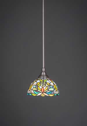 Stem Mini Pendant With Hang Straight Swivel Shown In Brushed Nickel Finish With 7” Kaleidoscope Tiffany Glass