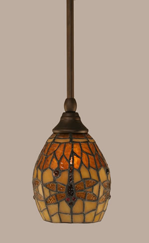 Stem Mini Pendant With Hang Straight Swivel Shown In Bronze Finish With 5.5” Amber Dragonfly Tiffany Glass