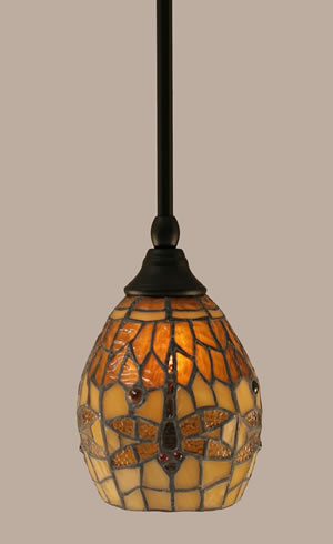 Stem Mini Pendant With Hang Straight Swivel Shown In Matte Black Finish With 5.5” Amber Dragonfly Tiffany Glass