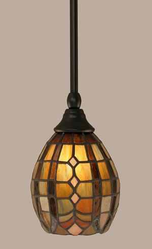 Stem Mini Pendant With Hang Straight Swivel Shown In Matte Black Finish With 5.5” Paradise Tiffany Glass