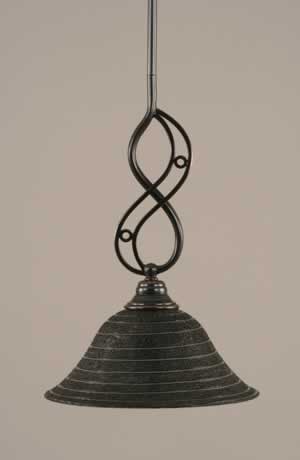 Jazz Mini Pendant With Hang Straight Swivel Shown In Black Copper Finish With 10" Charcoal Spiral Glass