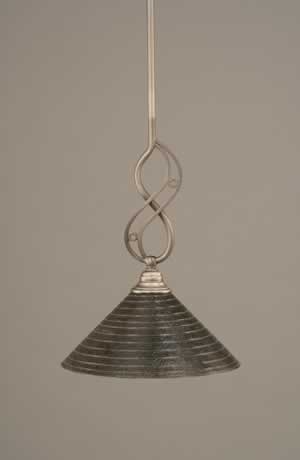 Jazz Mini Pendant With Hang Straight Swivel Shown In Brushed Nickel Finish With 12" Charcoal Spiral Glass