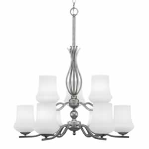 Revo 9 Light Chandelier Shown In Aged Silver Finish With 5.5” Zilo White Linen Glass