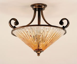 Curl Semi-Flush With 3 Bulbs Shown In Bronze Finish With 16" Amber Crystal Glass