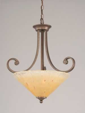Curl Pendant With 3 Bulbs Shown In Bronze Finish With 16" Amber Crystal Glass