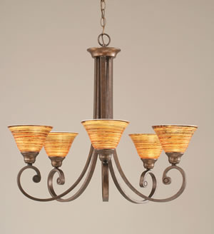 Curl 5 Light Chandelier Shown In Bronze Finish With 7" Firré Saturn Glass