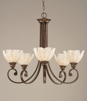 Curl 5 Light Chandelier Shown In Bronze Finish With 7" Gold Ice Glass