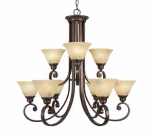 Curl 9 Light Chandelier Shown In Bronze Finish With 7" Italian Marble Glass