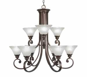 Curl 9 Light Chandelier Shown In Bronze Finish With 7" Frosted Crystal Glass
