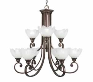 Curl 9 Light Chandelier Shown In Bronze Finish With 7" Gold Ice Glass