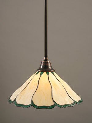 Stem Pendant With Hang Straight Swivel Shown In Black Copper Finish With 16" Honey & Hunter Green Flair Tiffany Glass