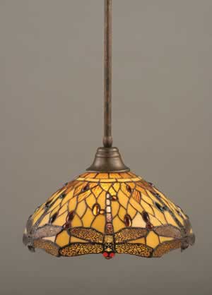 Stem Pendant With Hang Straight Swivel Shown In Bronze Finish With 16" Amber Dragonfly Tiffany Glass