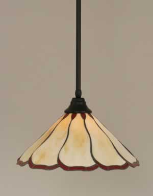 Stem Pendant With Hang Straight Swivel Shown In Matte Black Finish With 16" Honey & Burgundy Flair Tiffany Glass