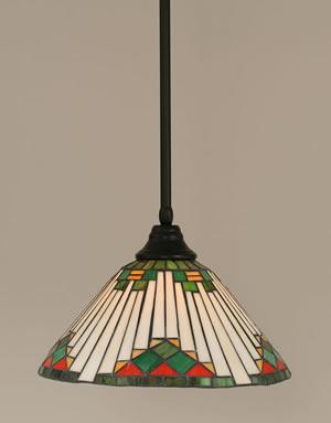 Stem Pendant With Hang Straight Swivel Shown In Matte Black Finish With 15" Green Sunray Tiffany Glass