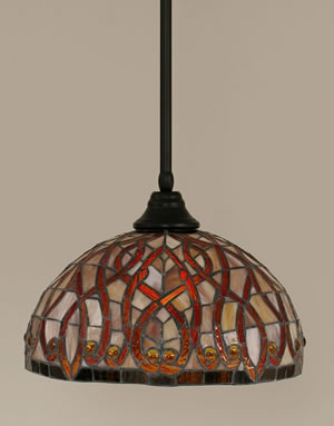 Stem Pendant With Hang Straight Swivel Shown In Matte Black Finish With 15" Persian Nites Tiffany Glass