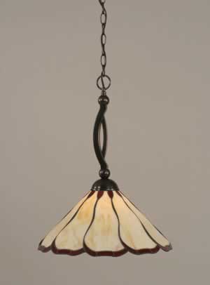 Bow Pendant Shown In Black Copper Finish With 16" Honey & Burgundy Flair Tiffany Glass