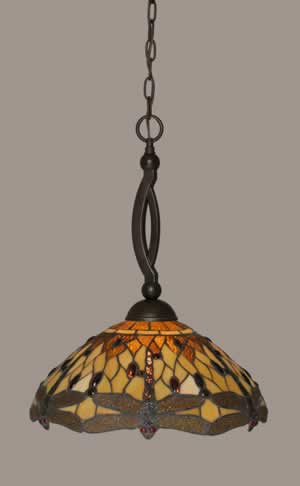Bow Pendant Shown In Dark Granite Finish With 16" Amber Dragonfly Tiffany Glass
