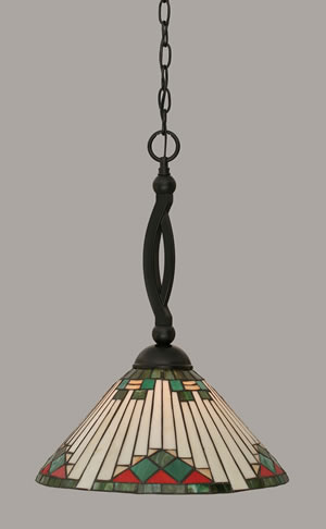 Bow Pendant Shown In Matte Black Finish With 15" Green Sunray Tiffany Glass