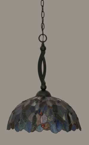 Bow Pendant Shown In Matte Black Finish With 16" Blue Mosaic Tiffany Glass