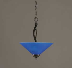 Bow Pendant With 2 Bulbs Shown In Black Copper Finish With 16" Blue Italian Glass
