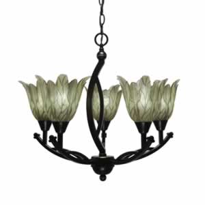 Bow 5 Light Chandelier Shown In Black Copper Finish With 7" Vanilla Leaf Glass