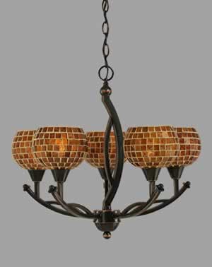 Bow 5 Light Chandelier Shown In Black Copper Finish With 6" Copper Mosaic Glass