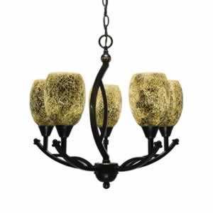 Bow 5 Light Chandelier Shown In Black Copper Finish With 5" Gold Fusion Glass