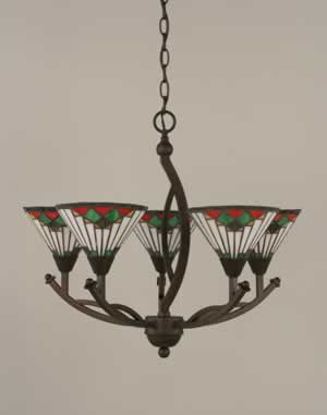 Bow 5 Light Chandelier Shown In Bronze Finish With 7" Green Sunray Tiffany Glass