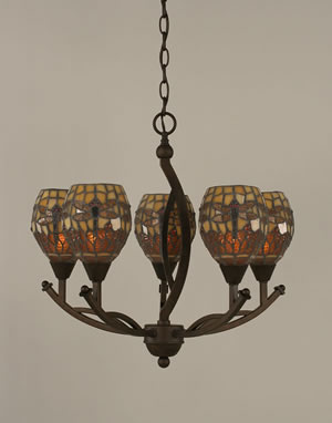 Bow 5 Light Chandelier Shown In Bronze Finish With 5.5" Amber Dragonfly Tiffany Glass