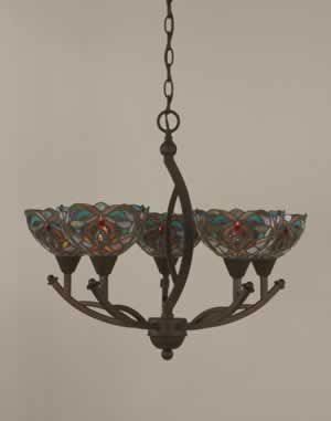 Bow 5 Light Chandelier Shown In Bronze Finish With 7" Kaleidoscope Tiffany Glass