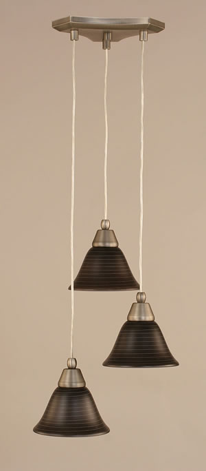 Europa 3 Light Multi Mini Pendant Shown In Brushed Nickel Finish With 7" Charcoal Spiral Glass