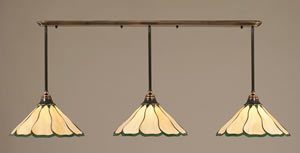 Black Copper Finish Multi Light Pendant With 16" Honey & Hunter Green Flair Tiffany Glass