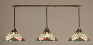Black Copper Finish Multi Light Pendant With 16" Green Sunray Tiffany Glass
