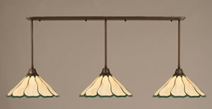 Bronze Finish Multi Light Pendant With 16" Honey & Hunter Green Flair Tiffany Glass
