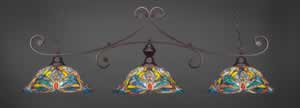 Curl 3 Light Billiard Light Shown In Bronze Finish With 19" Kaleidoscope Tiffany Glass