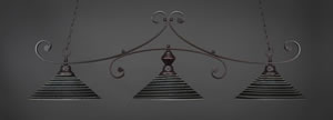 Curl 3 Light Billiard Light Shown In Dark Granite Finish With 16" Charcoal Spiral Glass