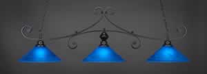 Curl 3 Light Billiard Light Shown In Matte Black Finish With 16" Blue Italian Glass