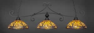 Curl 3 Light Billiard Light Shown In Matte Black Finish With 16" Amber Dragonfly Tiffany Glass