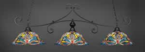 Curl 3 Light Billiard Light Shown In Matte Black Finish With 19" Kaleidoscope Tiffany Glass