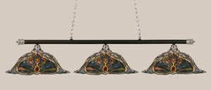 Oxford 3 Light Billiard Light Shown In Chrome And Matte Black Finish With 19" Kaleidoscope Tiffany Glass