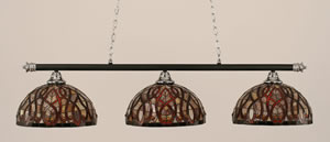 Oxford 3 Light Billiard Light Shown In Chrome And Matte Black Finish With 15" Persian Nites Tiffany Glass