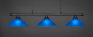 Oxford 3 Light Billiard Light Shown In Matte Black Finish With 16" Blue Italian Glass
